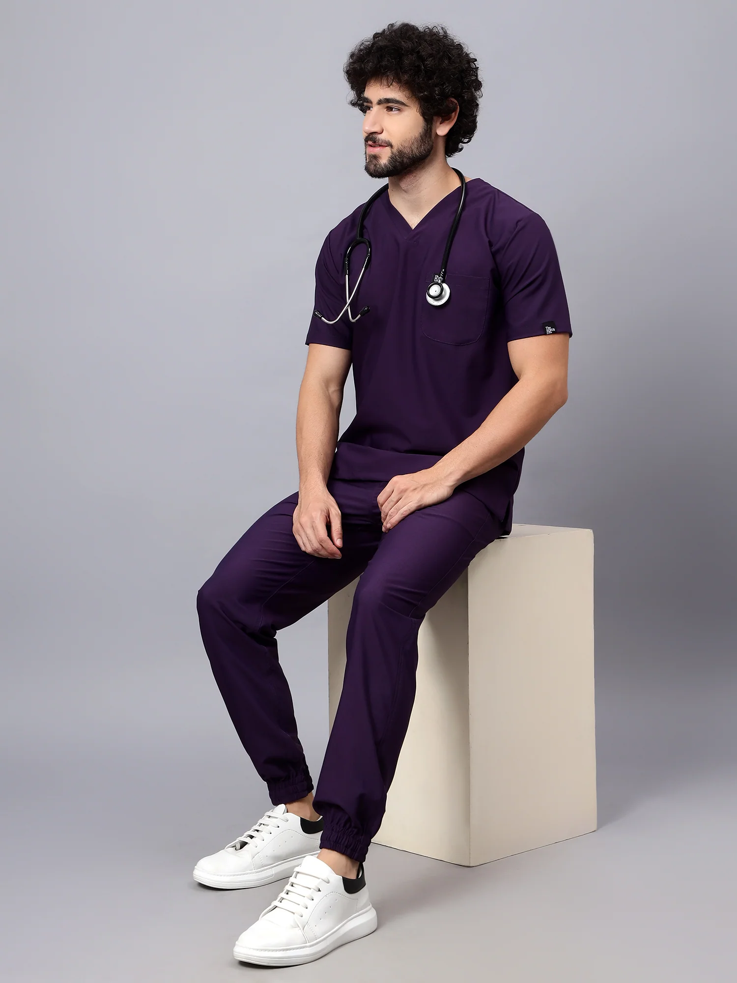 Stretchable (4Way) Men Violet V-Neck With Jogger Scrub Set - Image 3