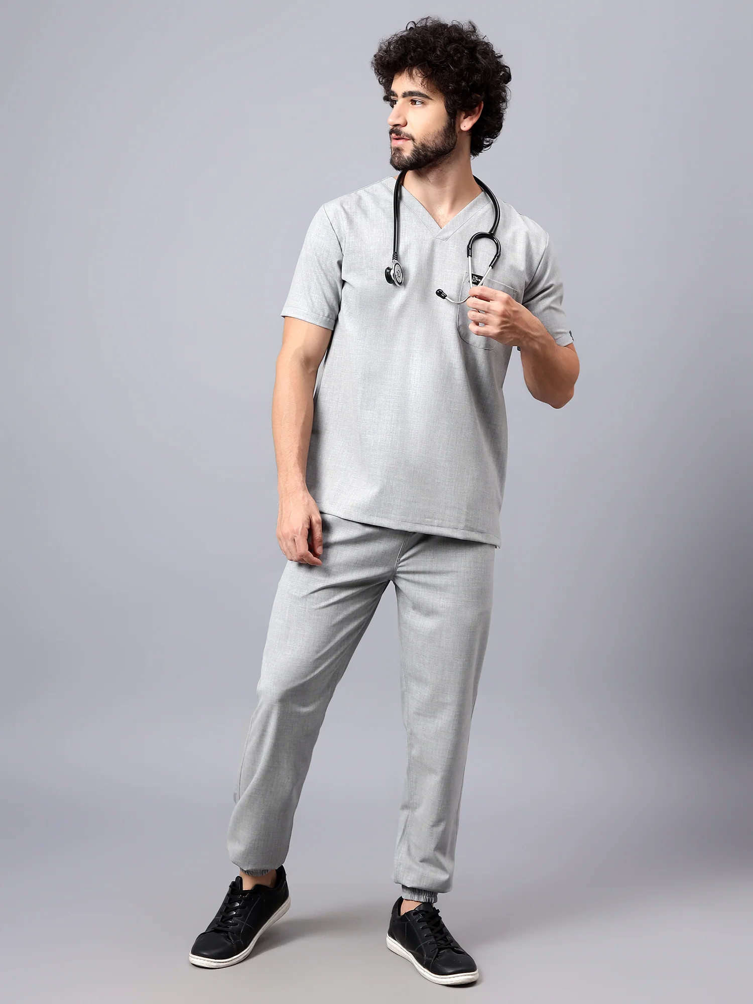 Stretchable (4Way) Men Light Grey V-Neck With Jogger Scrub Set - Image 4