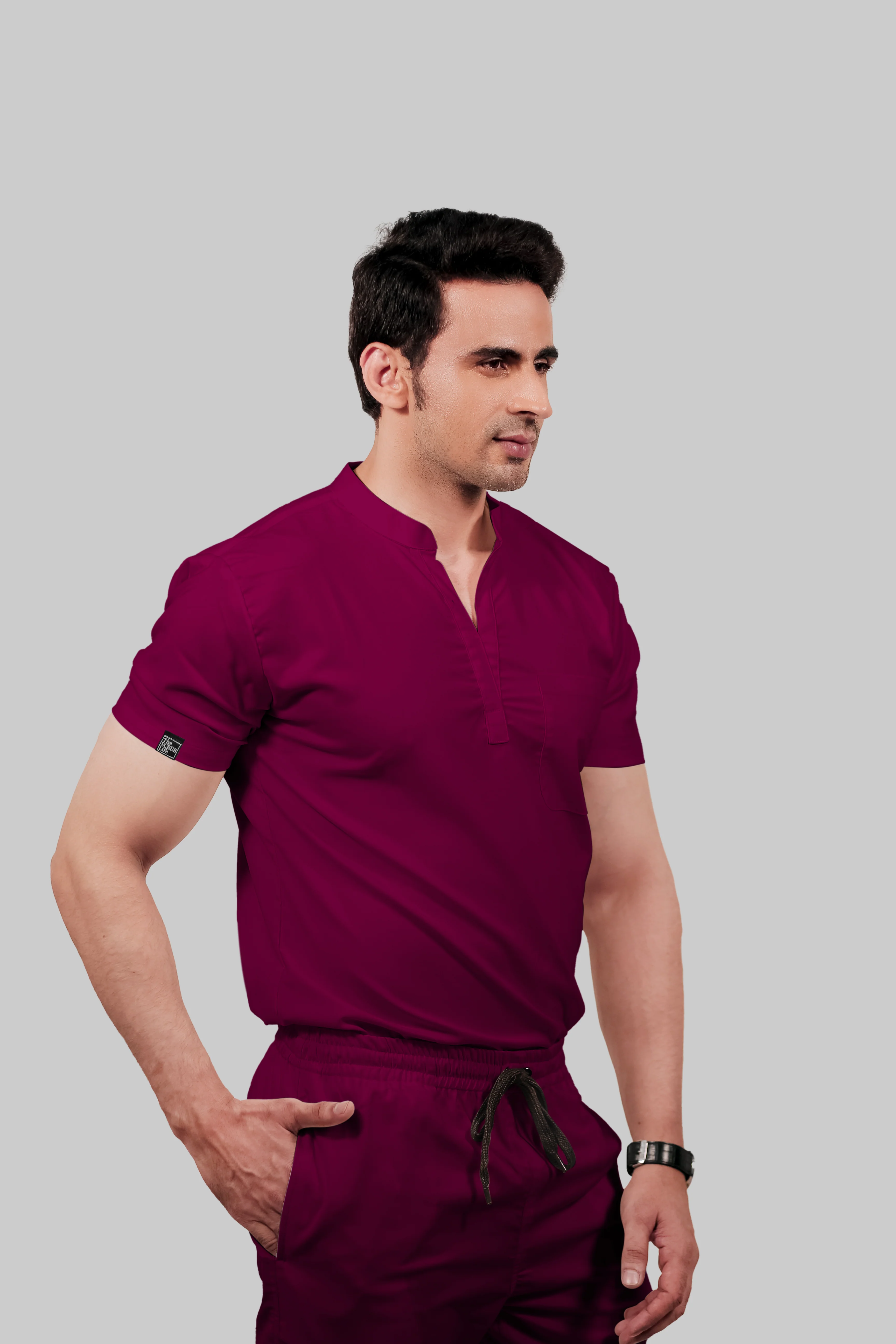 Stretchable (4Way) Men Wine Mandarin Neck With Straight Pant Scrub Set - Image 3
