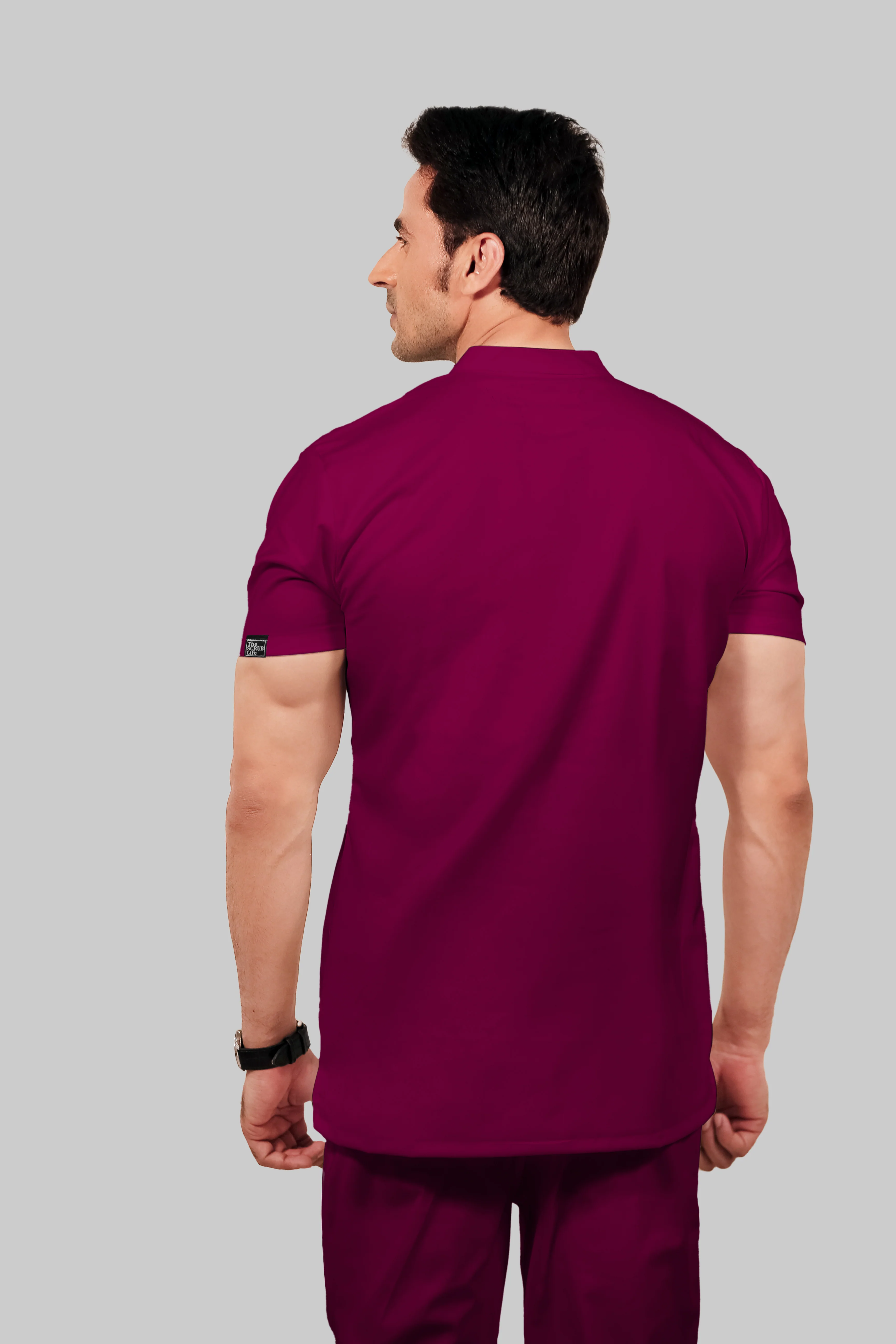 Stretchable (4Way) Men Wine Mandarin Neck With Straight Pant Scrub Set - Image 5