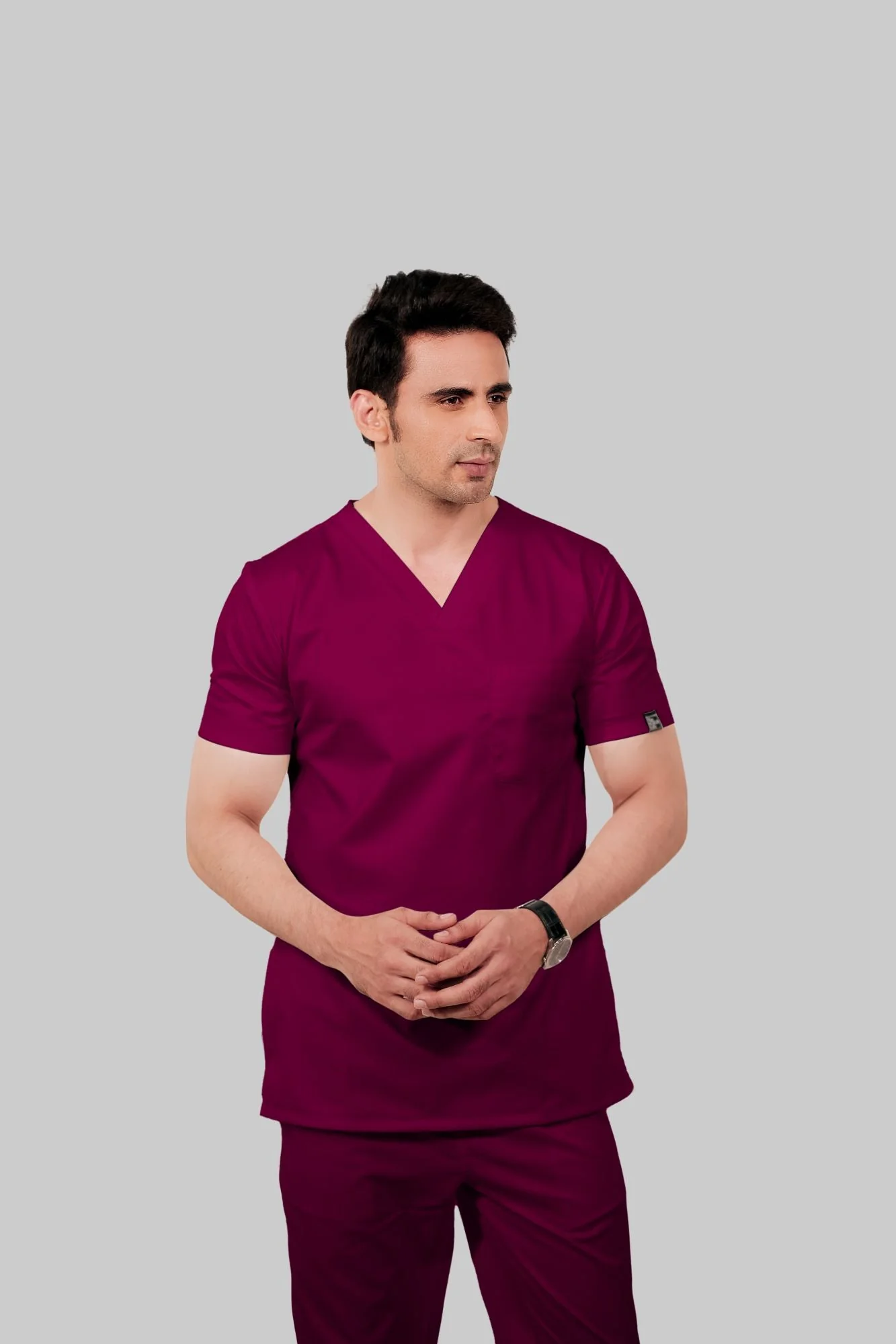 Stretchable (4Way) Men Wine V-Neck With Jogger Scrub Set - Image 3