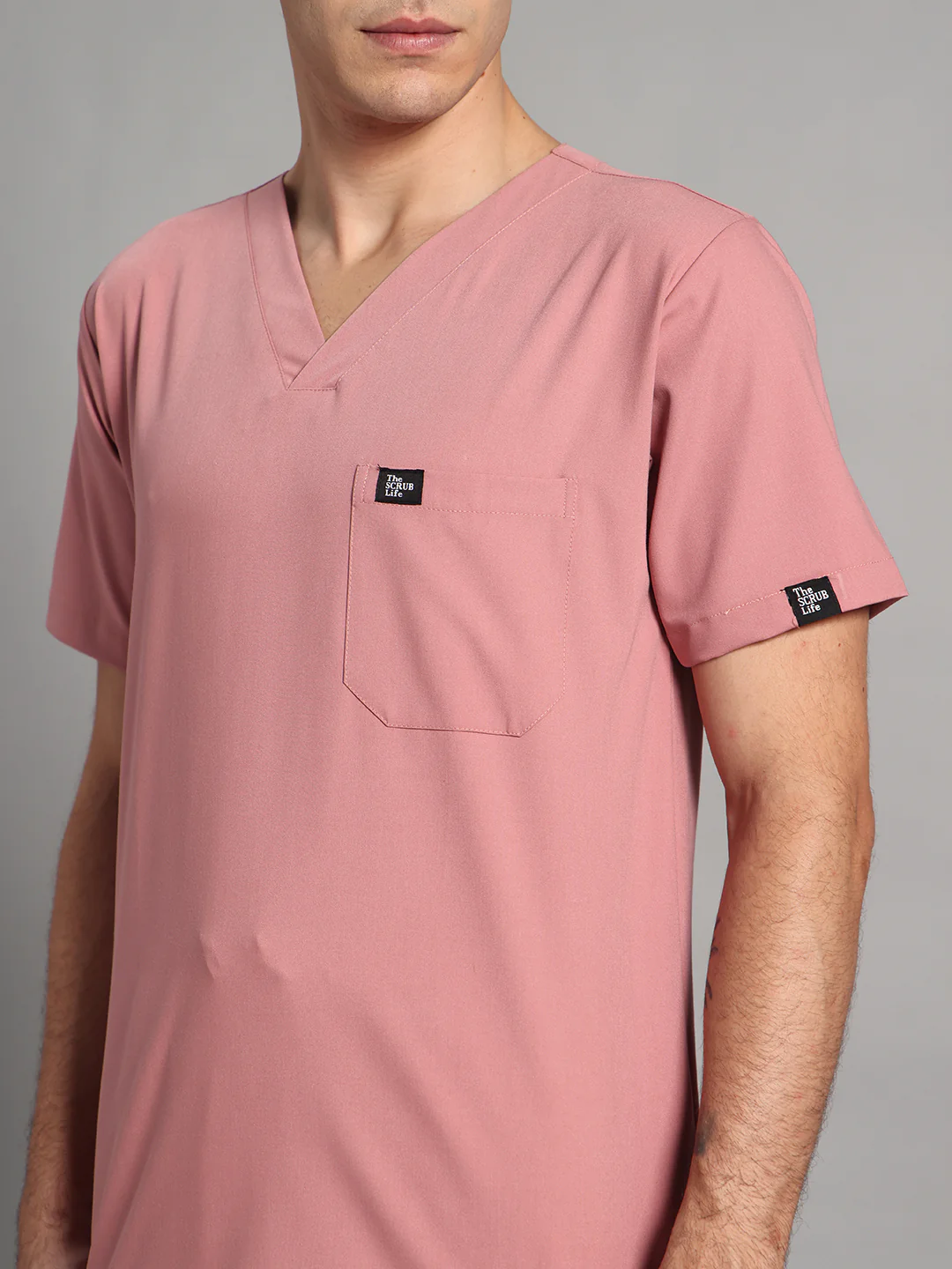 Stretchable (4Way) Men Dusty Pink V-Neck With Straight Pant Scrub Set - Image 3
