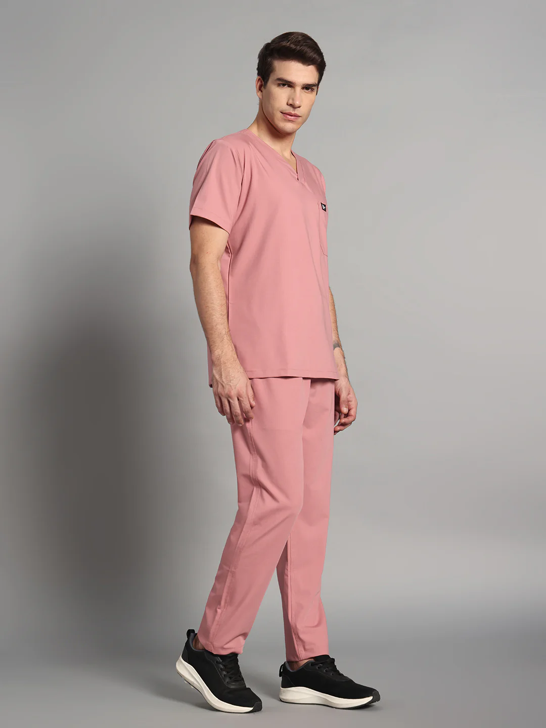 Stretchable (4Way) Men Dusty Pink V-Neck With Straight Pant Scrub Set - Image 4