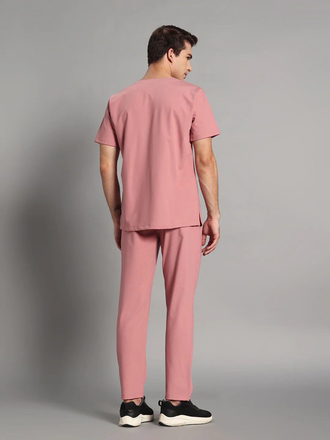 Stretchable (4Way) Men Dusty Pink V-Neck With Straight Pant Scrub Set - Image 6