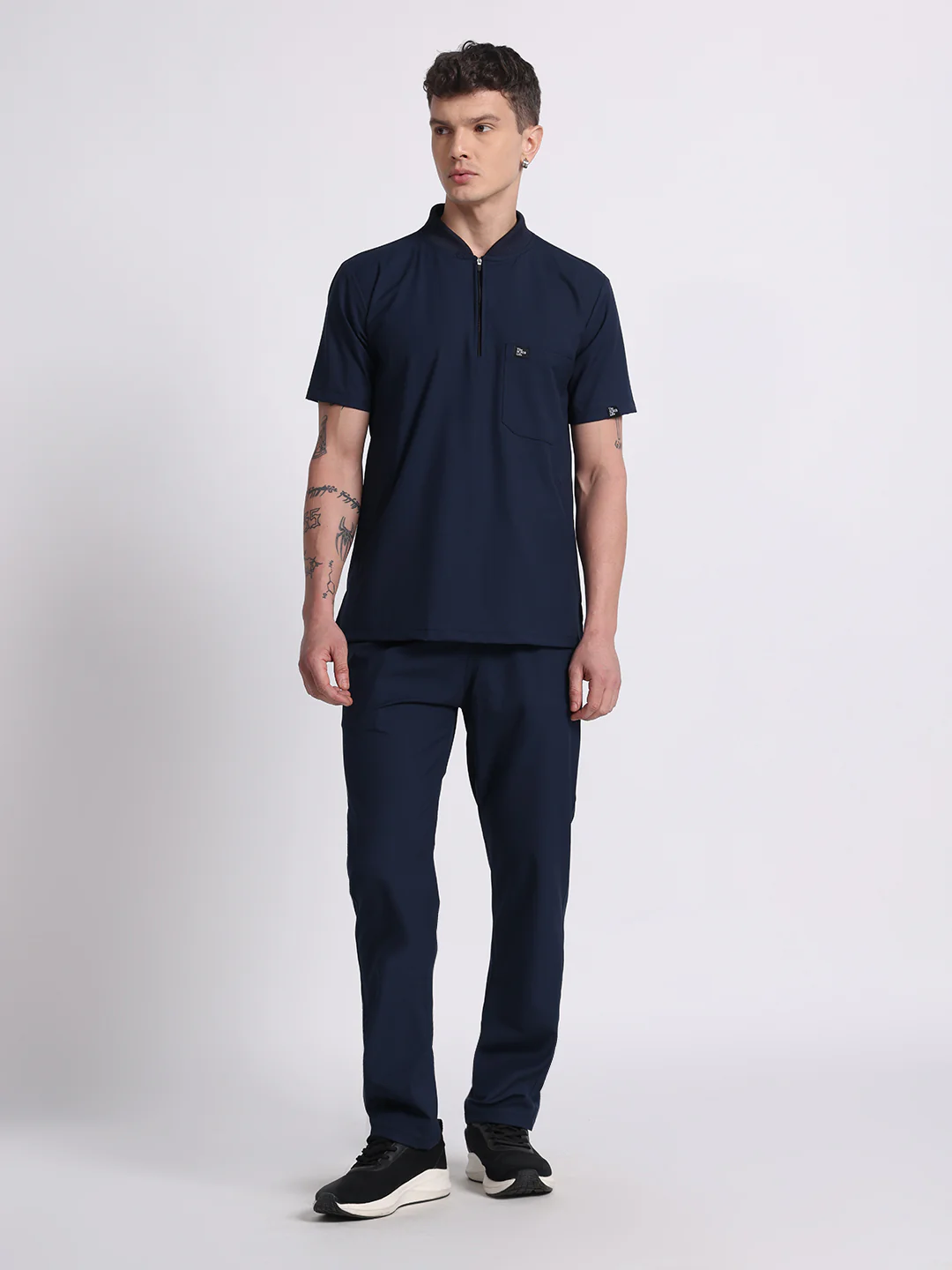 Stretchable (4Way) Navy Blue Men Flex Zip Neckline Top With Straight Pants - Image 4