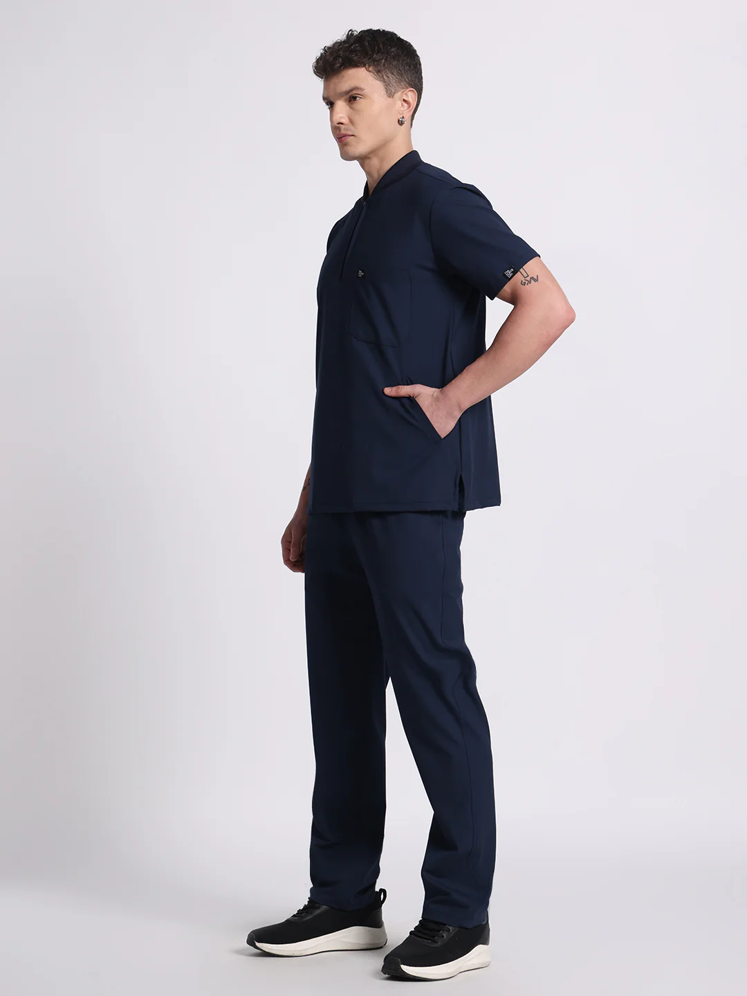 Stretchable (4Way) Navy Blue Men Flex Zip Neckline Top With Straight Pants - Image 5