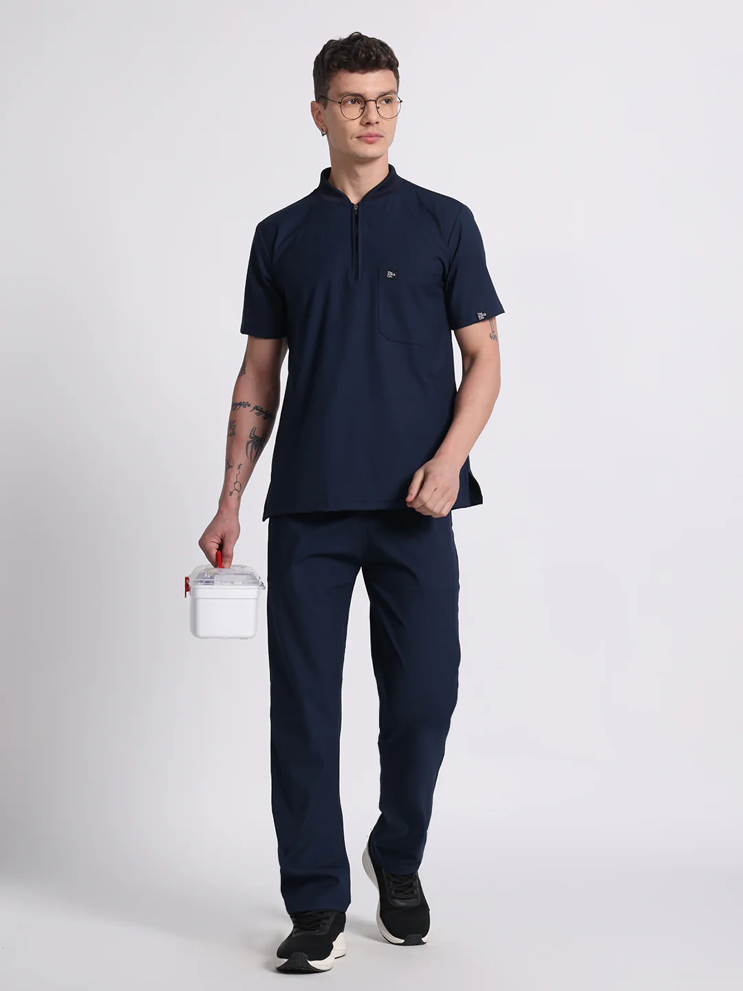 Stretchable (4Way) Navy Blue Men Flex Zip Neckline Top With Straight Pants - Image 7