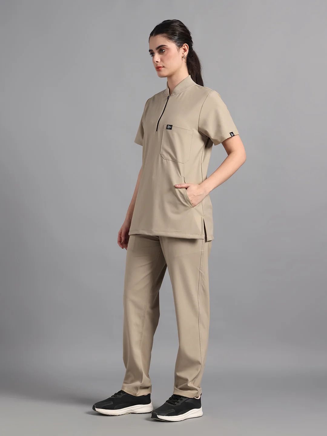 Stretchable (4Way) Beige Women Flex Zip Neckline Top With Straight Pants - Image 3