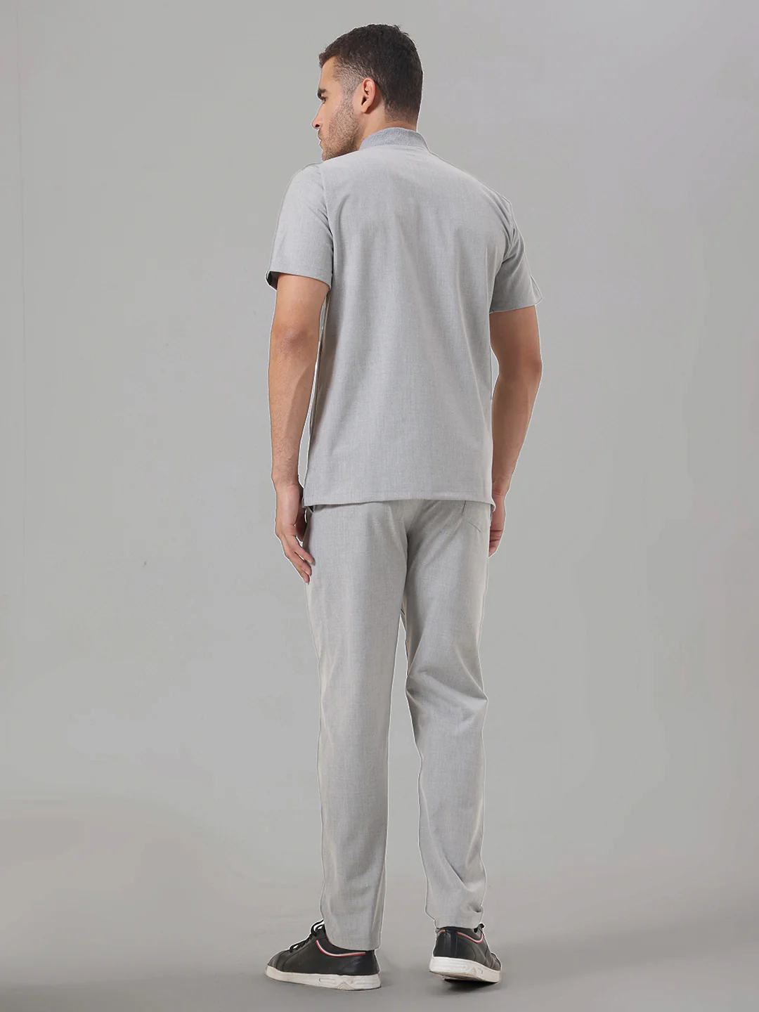 Stretchable (4Way) Light Grey Men Flex Zip Neckline Top With Straight Pants - Image 4