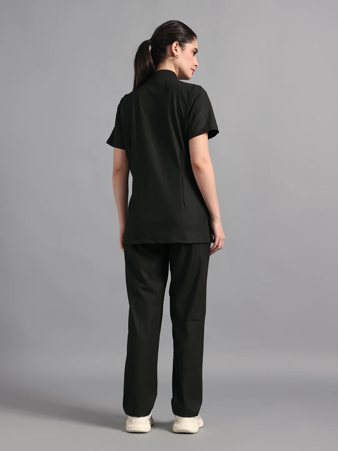 Stretchable (4Way) Olive Green Women Flex Zip Neckline Top With Straight Pants - Image 4