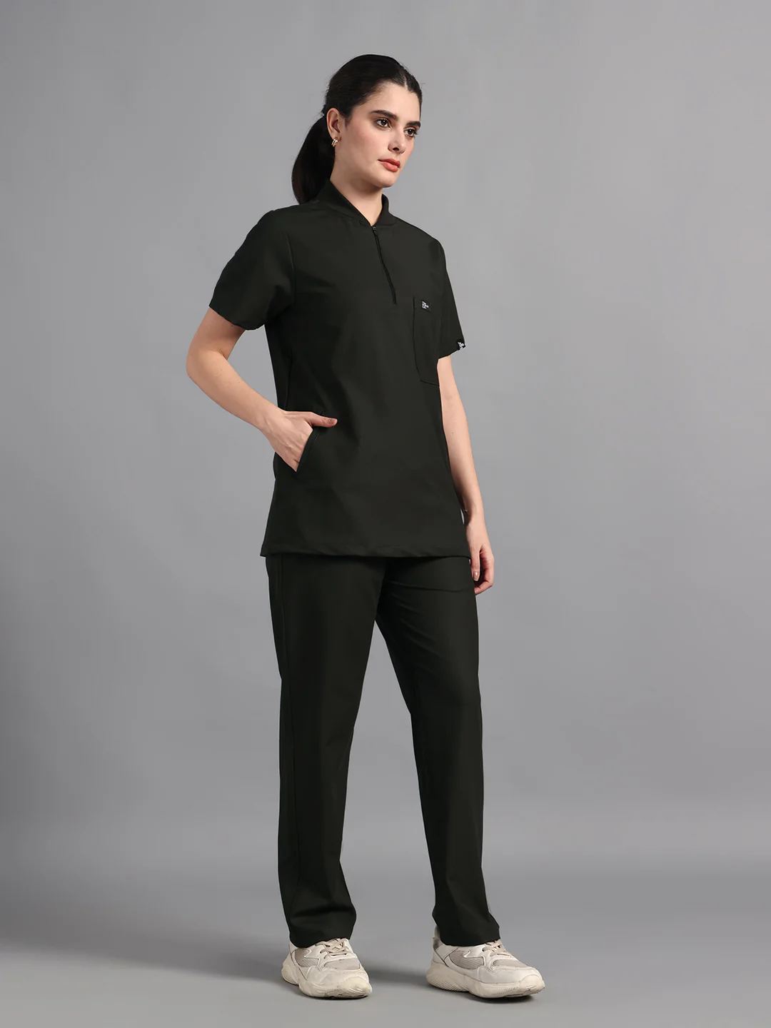 Stretchable (4Way) Olive Green Women Flex Zip Neckline Top With Straight Pants - Image 5