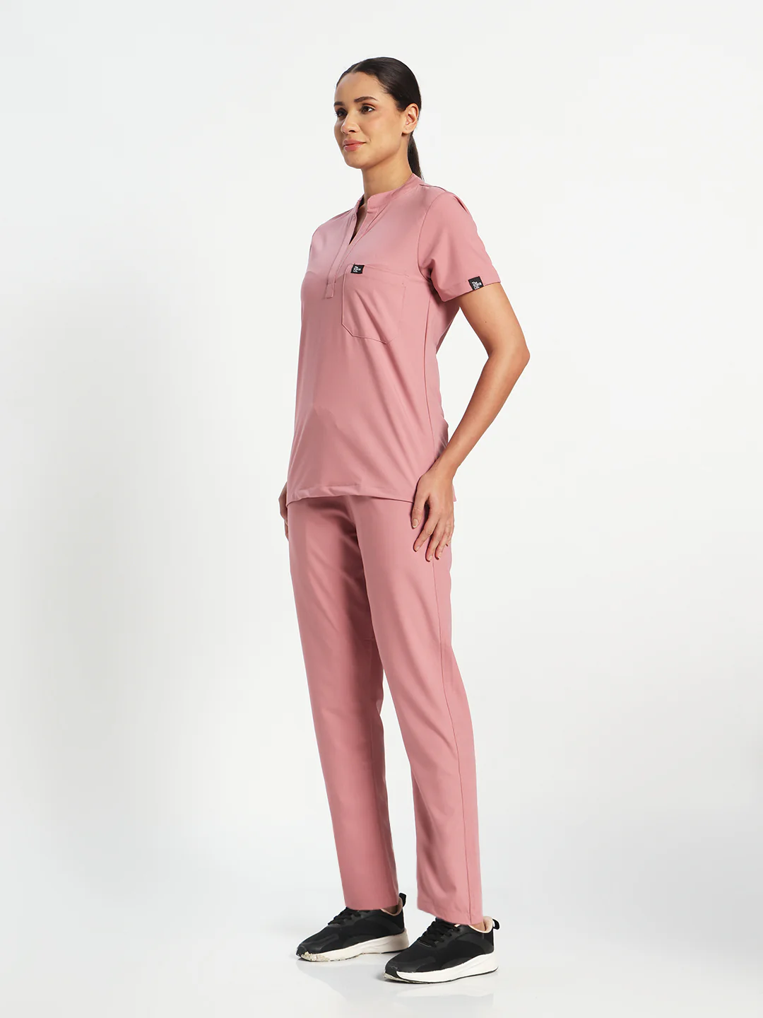 Stretchable (4Way) Women Dusty Pink Mandarin Neck With Straight Pant Set - Image 4